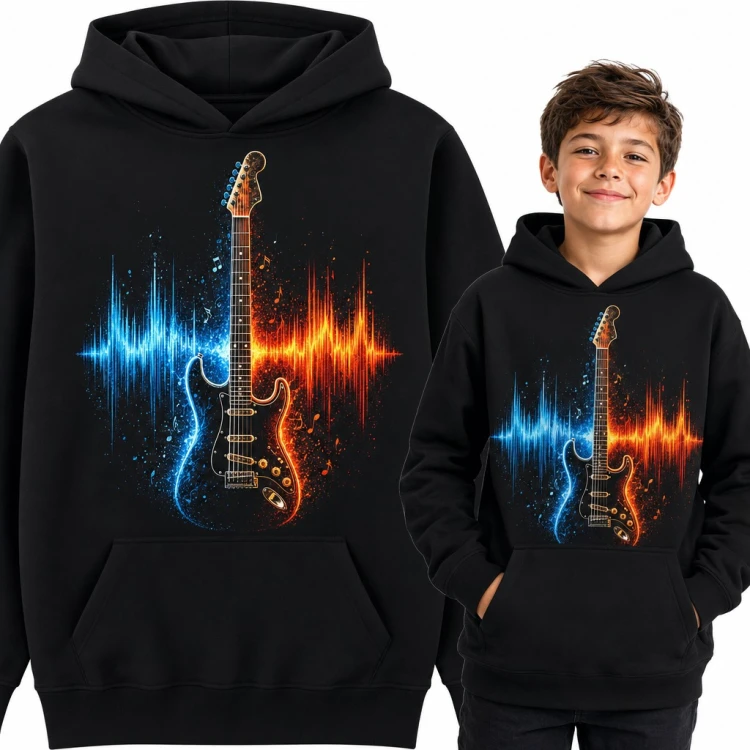 Bluza chłopięca z kapturem - gitara elektryczna z falami dźwięku dla młodego gitarzysty