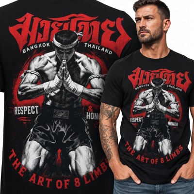 Koszulka męska Muay Thai „The Art of 8 Limbs” - zawodnik w geście wai
