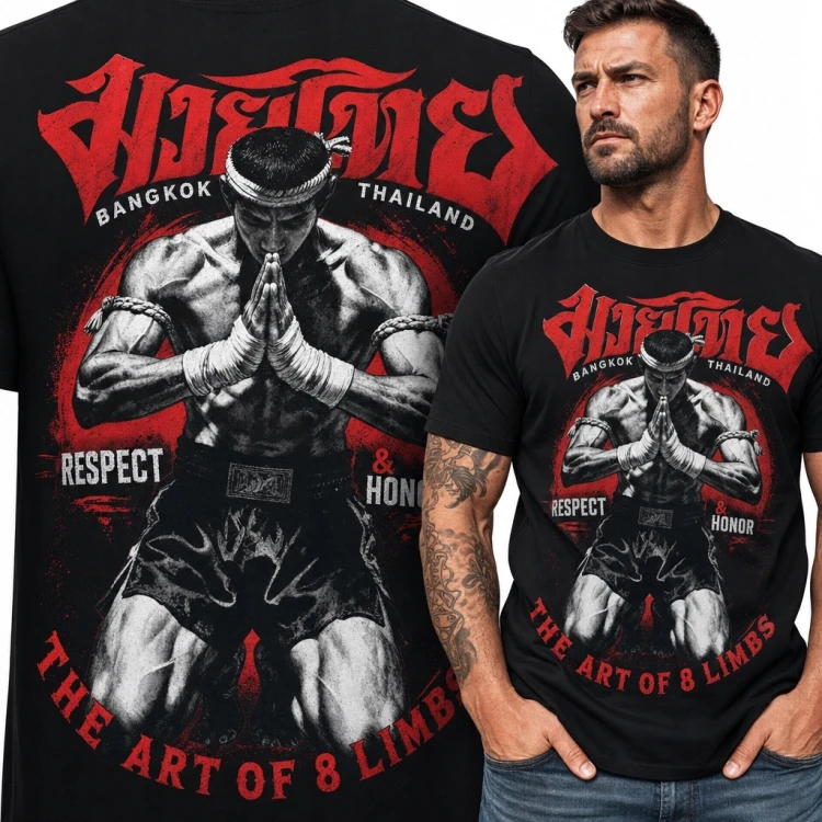 Koszulka męska Muay Thai „The Art of 8 Limbs” - zawodnik w geście wai