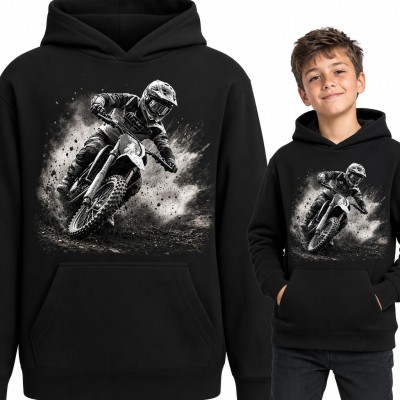 Bluza chłopięca z kapturem - motocross, zawodnik na crossie w chmurze błota