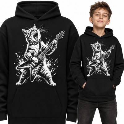Bluza chłopięca z kapturem - kot rockman z gitarą elektryczną dla małego gitarzysty