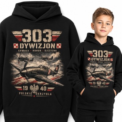 Bluza chłopięca z kapturem - „303 Dywizjon” z myśliwcami i orłem
