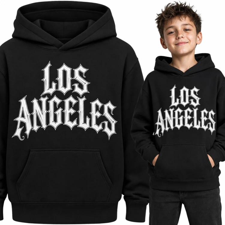 Bluza chłopięca z kapturem - „Los Angeles” gotyckimi literami w stylu streetwear