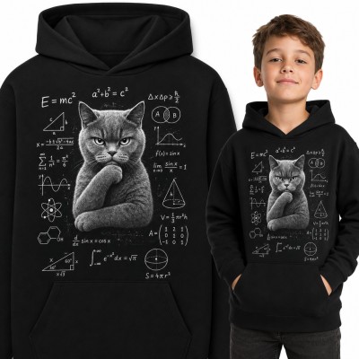 Bluza chłopięca z kapturem - kot myśliciel na tle wzorów matematycznych