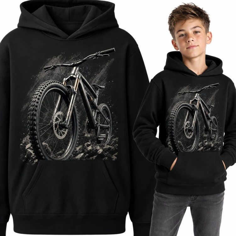 Bluza chłopięca z kapturem - rower górski MTB na skałach dla młodego rowerzysty