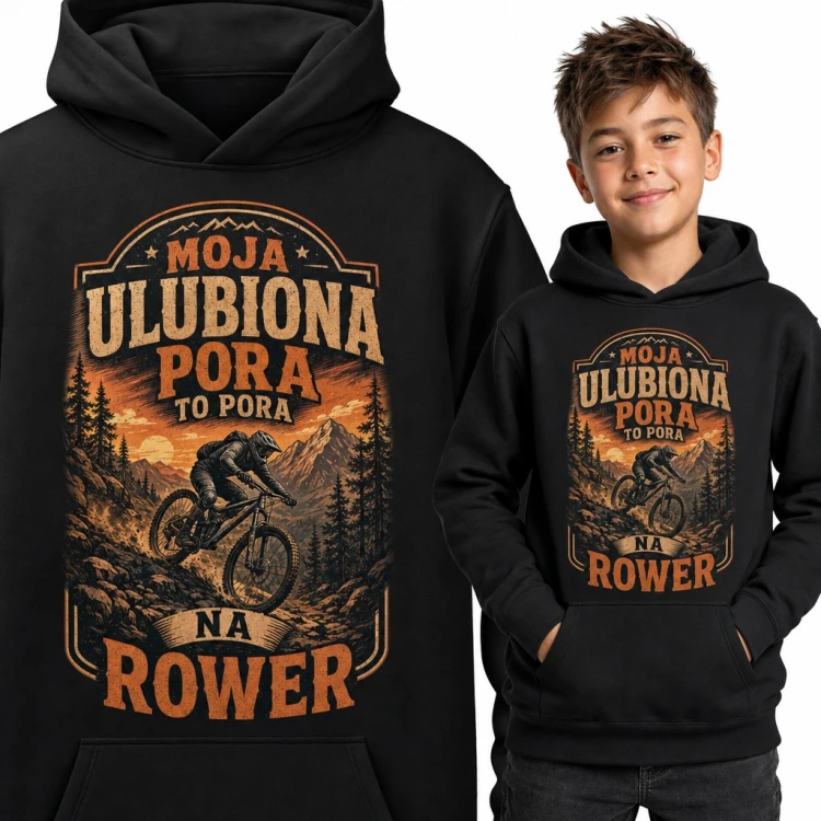 Bluza chłopięca z kapturem - „Moja ulubiona pora to pora na rower” z rowerzystą MTB w górach