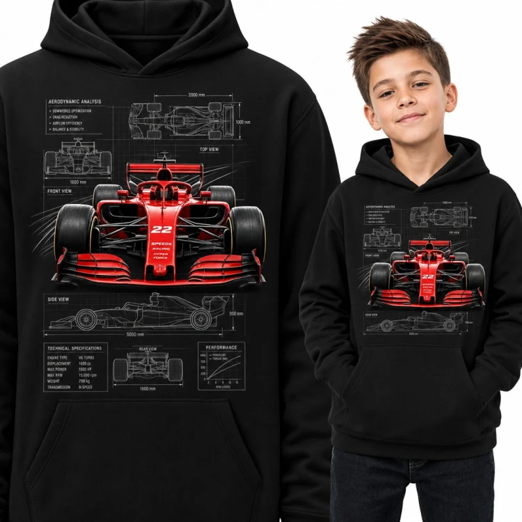 Bluza chłopięca z kapturem - czerwony bolid F1 na rysunku technicznym