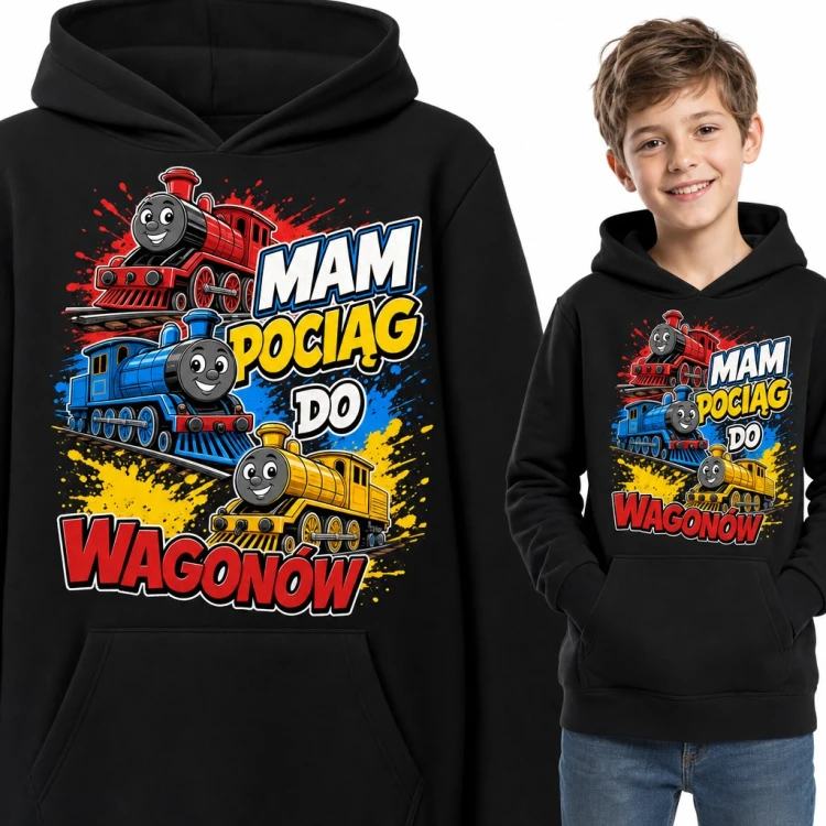 Bluza chłopięca z kapturem - „Mam pociąg do wagonów” z kolorowymi lokomotywami