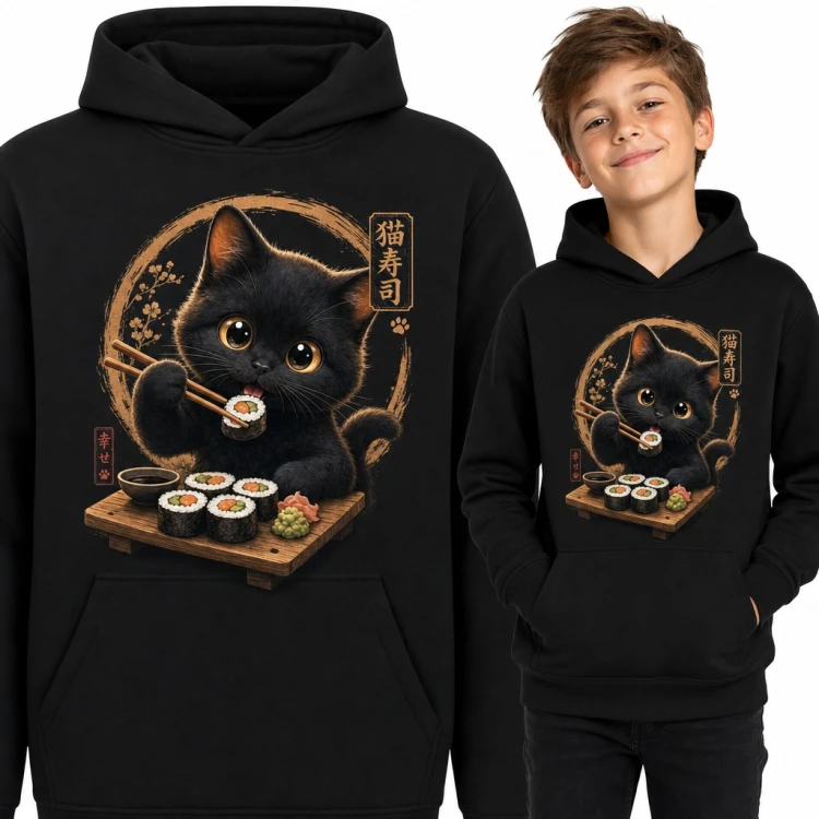 Bluza chłopięca z kapturem - czarny kot jedzący sushi pałeczkami