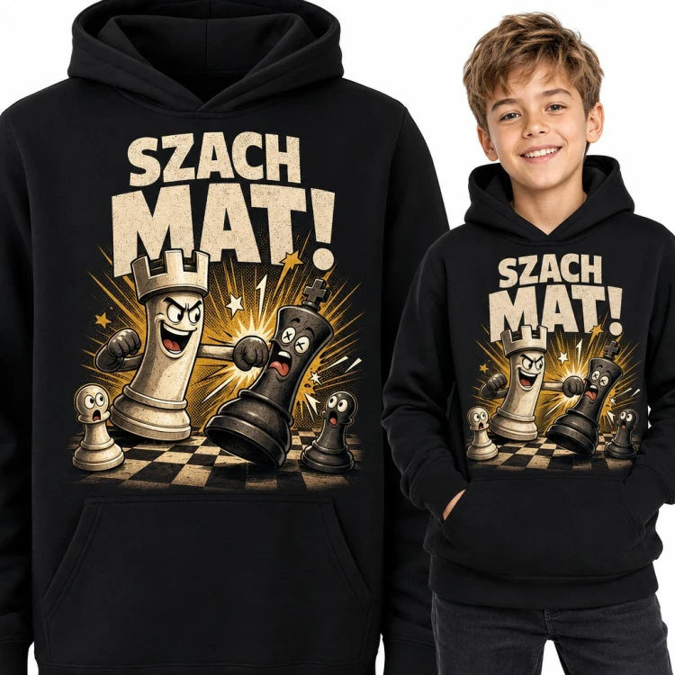 Bluza chłopięca z kapturem „Szach mat!” - wieża nokautuje króla na szachownicy