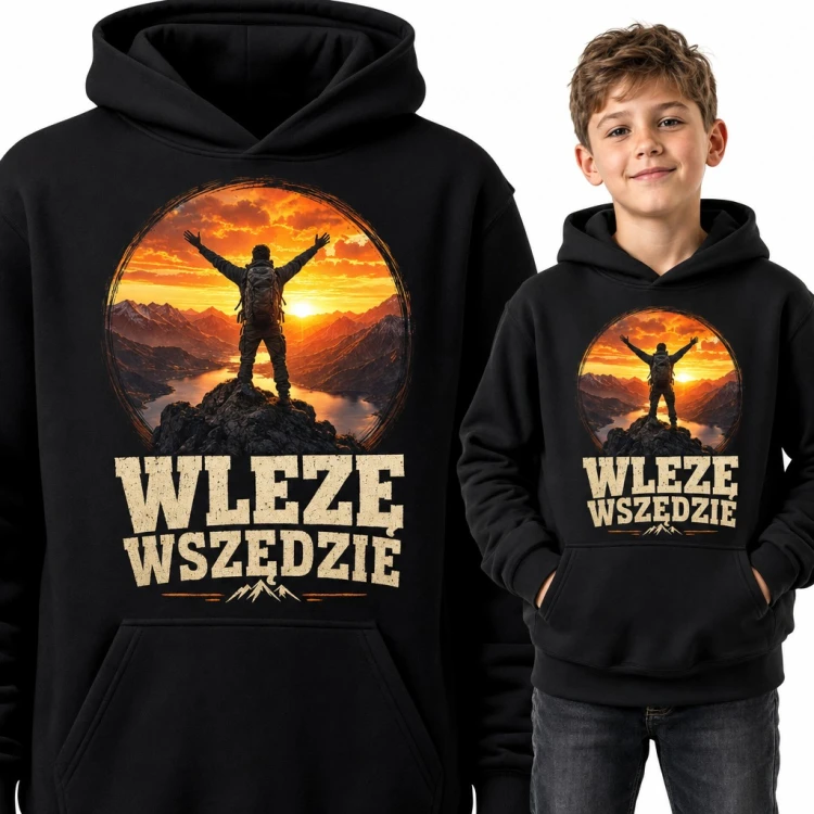 Bluza chłopięca z kapturem „Wlezę wszędzie” - turysta na górskim szczycie o zachodzie słońca