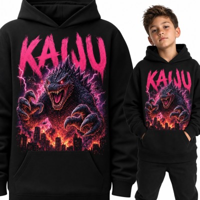 Bluza chłopięca z kapturem - „Kaiju” potwór niszczący płonące miasto