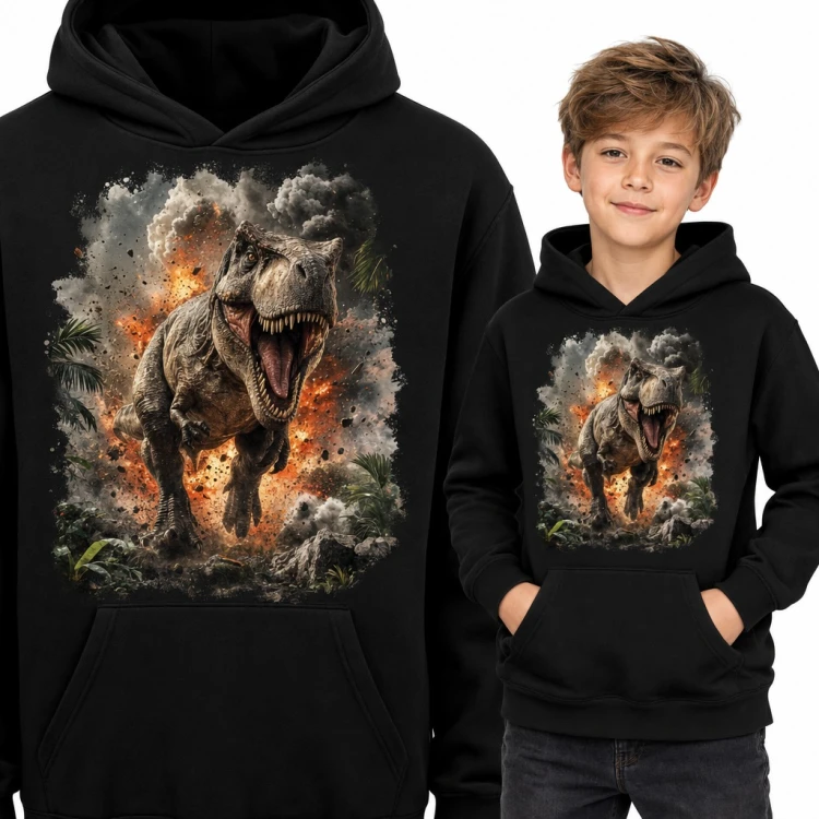 Bluza chłopięca z kapturem - ryczący T-rex wybiegający z eksplozji w dżungli