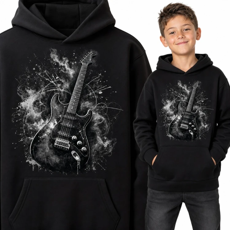 Bluza chłopięca z kapturem - gitara elektryczna w dymie i plamach farby dla młodego gitarzysty