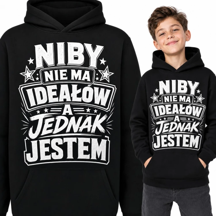 Bluza chłopięca z kapturem - zabawny napis „Niby nie ma ideałów a jednak jestem” z gwiazdkami