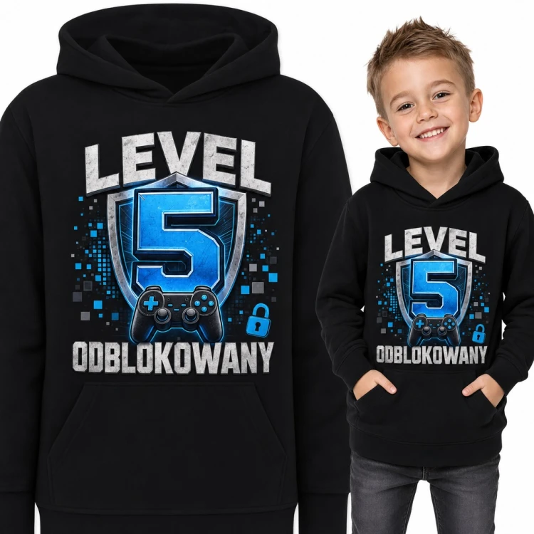 Bluza chłopięca z kapturem na 5 urodziny - „Level 5 odblokowany” z padem dla gracza
