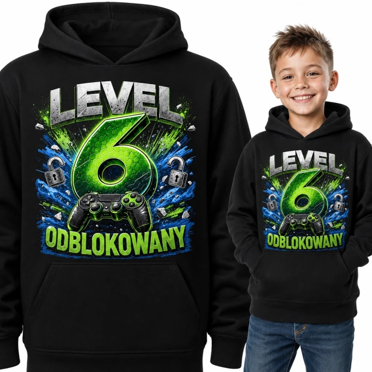Bluza chłopięca z kapturem na 6 urodziny - „Level 6 odblokowany” z padem dla gracza