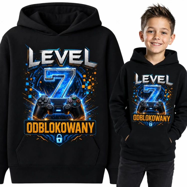 Bluza chłopięca z kapturem na 7 urodziny - „Level 7 odblokowany” z padem dla gracza