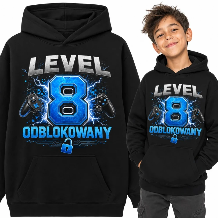 Bluza chłopięca z kapturem na 8 urodziny - „Level 8 odblokowany” dla gracza