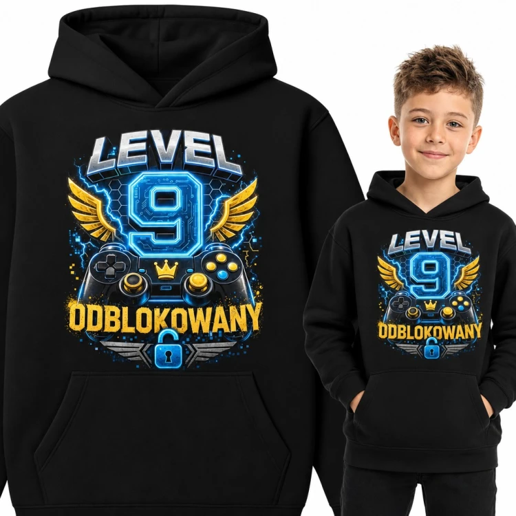 Bluza chłopięca z kapturem na 9 urodziny - „Level 9 odblokowany” z padem dla gracza
