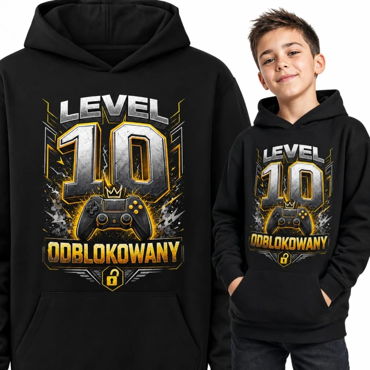 Bluza chłopięca z kapturem na 10 urodziny - „Level 10 odblokowany” z padem dla gracza