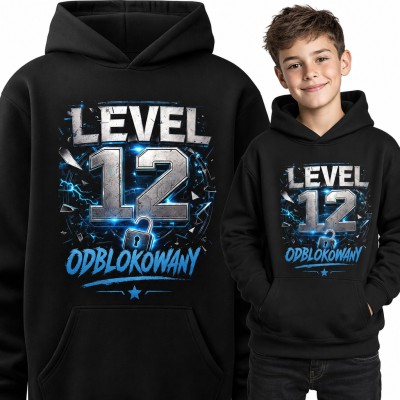 Bluza chłopięca z kapturem na 12 urodziny - „Level 12 odblokowany” dla gracza
