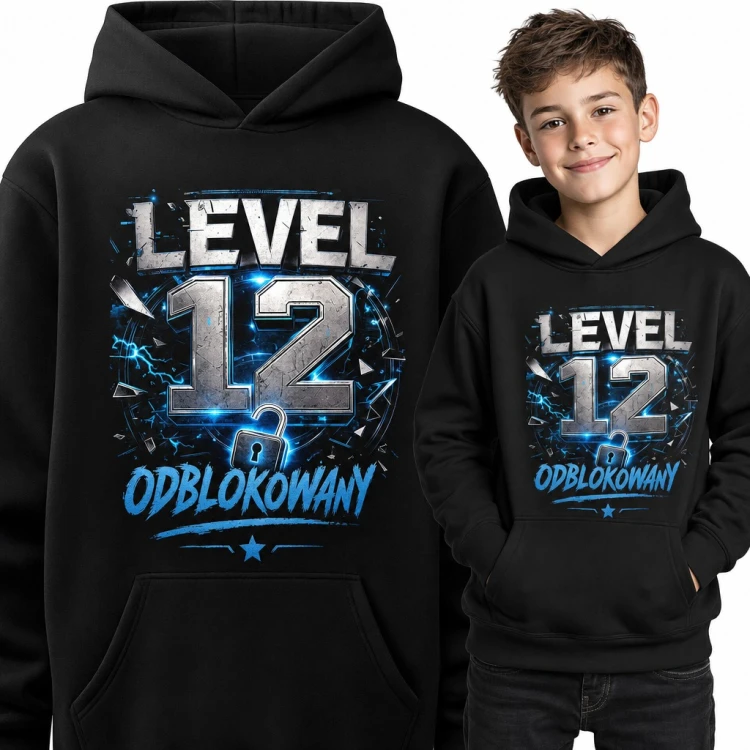 Bluza chłopięca z kapturem na 12 urodziny - „Level 12 odblokowany” dla gracza