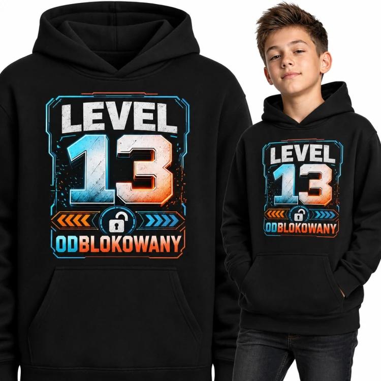 Bluza chłopięca z kapturem na 13 urodziny - „Level 13 odblokowany” dla gracza