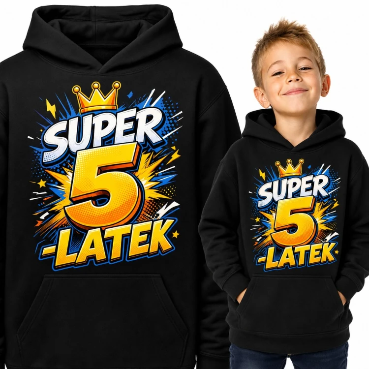 Bluza chłopięca z kapturem „Super 5-latek” na 5 urodziny - komiksowy napis z koroną