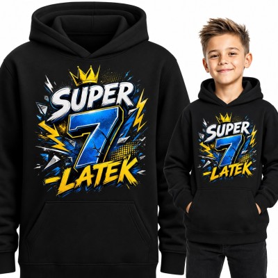 Bluza chłopięca z kapturem na 7 urodziny - „Super 7-latek” z koroną i błyskawicami