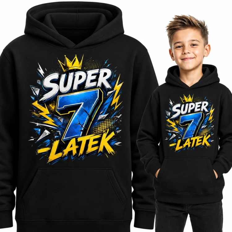 Bluza chłopięca z kapturem na 7 urodziny - „Super 7-latek” z koroną i błyskawicami