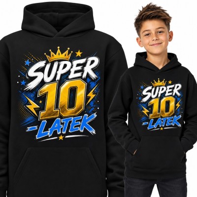Bluza chłopięca z kapturem „Super 10-latek” ze złotą koroną - na 10 urodziny