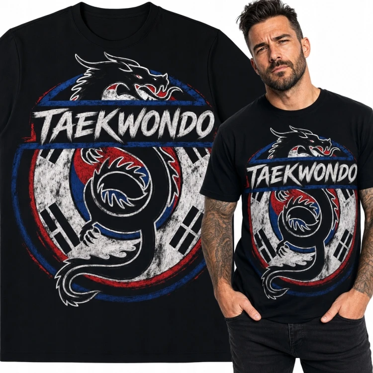 Koszulka męska taekwondo ze smokiem i napisem „Taekwondo”