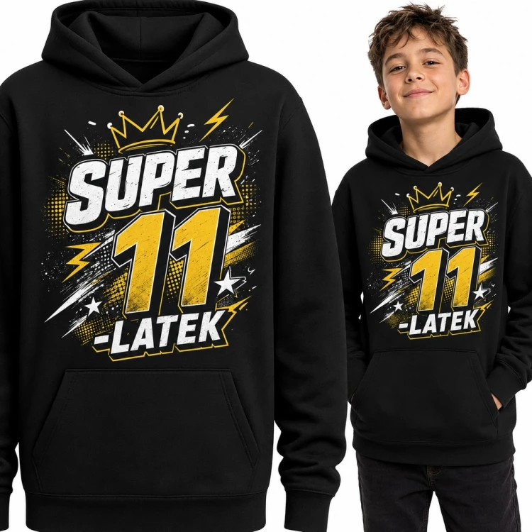 Bluza chłopięca z kapturem „Super 11-latek” - na 11 urodziny z koroną i błyskawicami