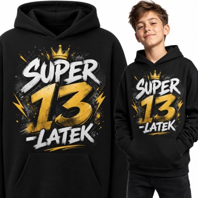 Bluza chłopięca z kapturem „Super 13-latek” - złota korona na 13 urodziny