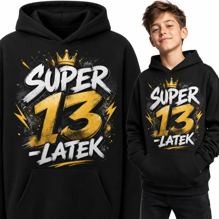 Bluza chłopięca z kapturem „Super 13-latek” - złota korona na 13 urodziny