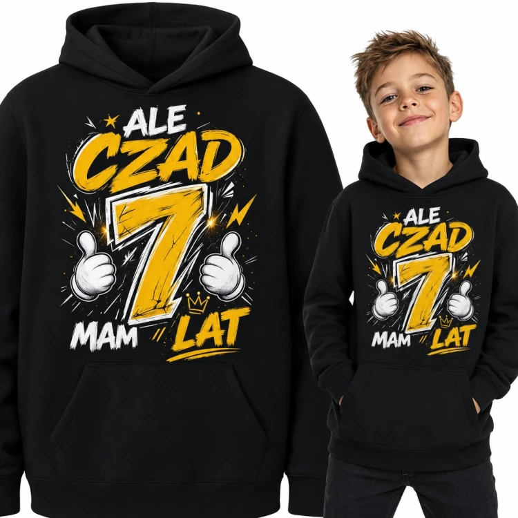 Bluza chłopięca z kapturem na 7 urodziny - „Ale czad 7 mam lat” z kciukami w górę