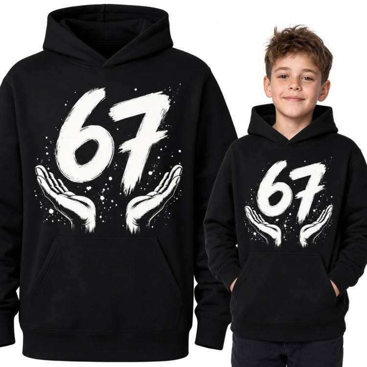 Bluza chłopięca z kapturem - mem „67” Six Seven z dłońmi