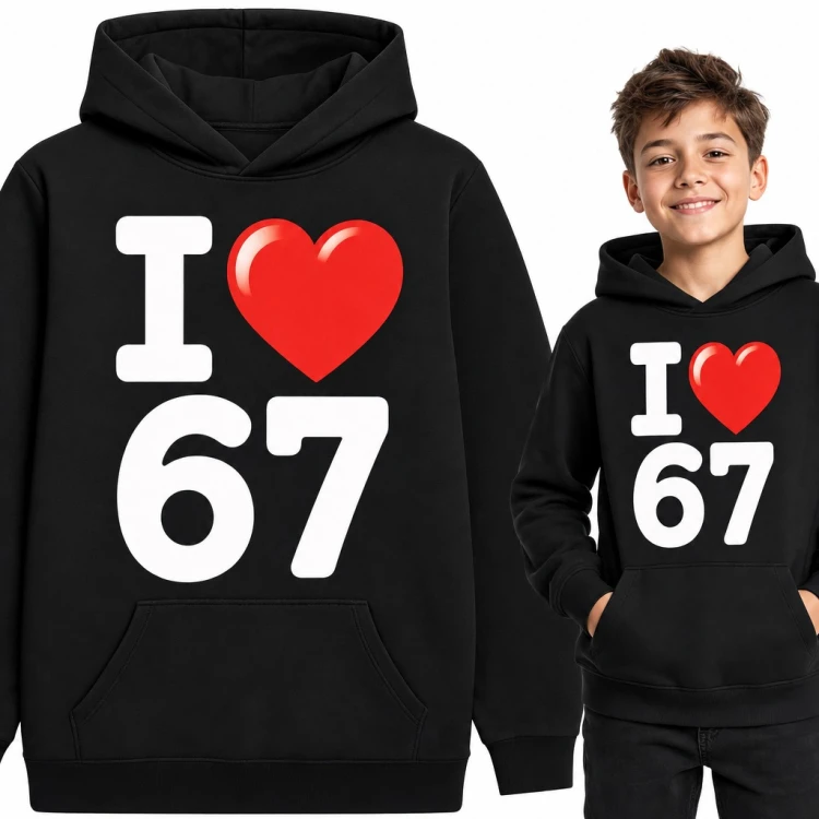 Bluza chłopięca z kapturem „I ❤ 67” - mem Six Seven z czerwonym sercem