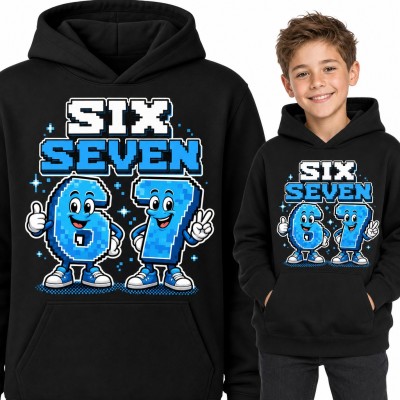 Bluza chłopięca z kapturem - mem 67 „Six Seven” z pikselowymi cyframi