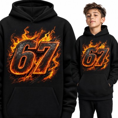 Bluza chłopięca z kapturem „67” - mem Six Seven w płomieniach