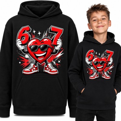 Bluza chłopięca z kapturem - mem „67” serce w okularach i sneakersach