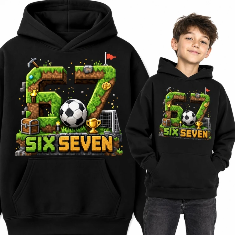 Bluza chłopięca z kapturem - mem 67 „Six Seven” w pikselowym stylu z piłką nożną