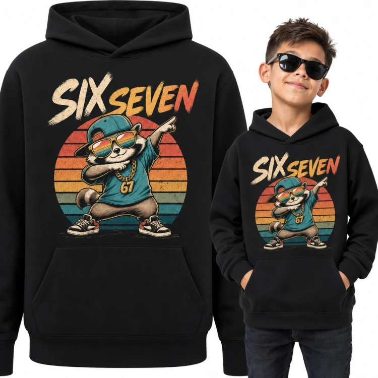 Bluza chłopięca z kapturem - „Six Seven” szop pracz tańczący dab z medalionem 67