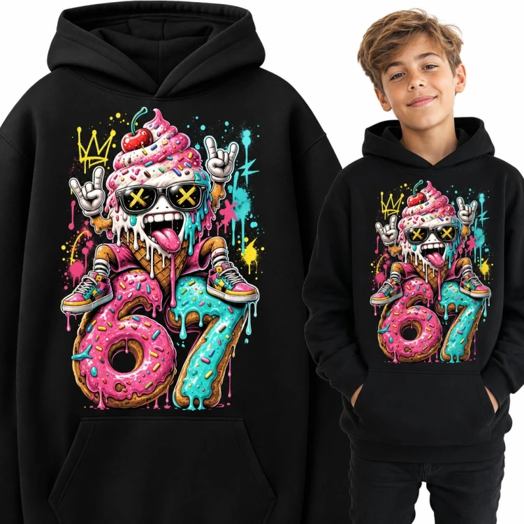 Bluza chłopięca z kapturem „67” - mem Six Seven z lodem na pączkach