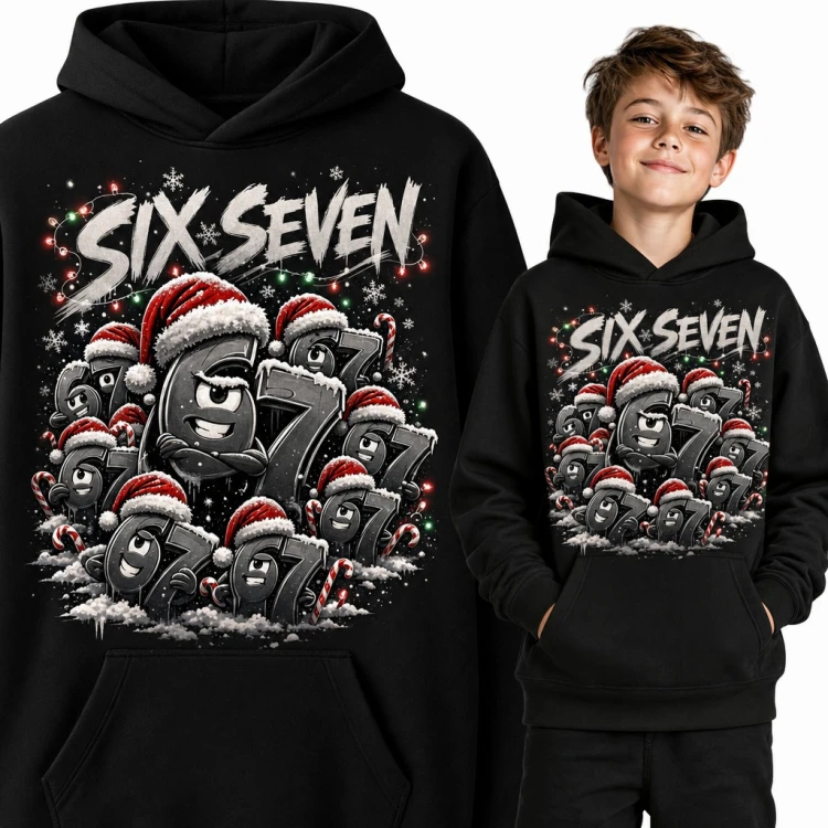 Bluza chłopięca z kapturem - „Six Seven” świąteczny mem 67 z cyframi w czapkach Mikołaja