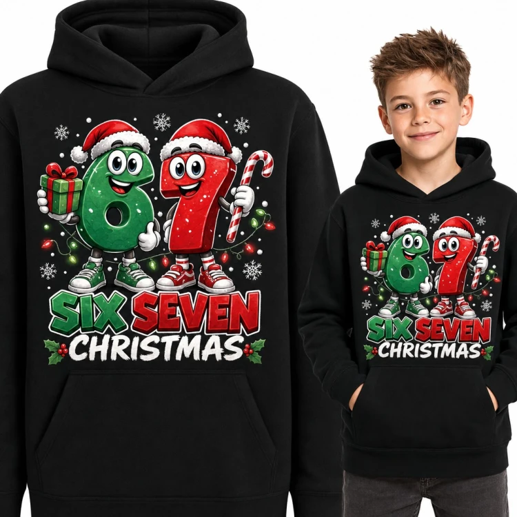 Bluza chłopięca z kapturem - „Six Seven Christmas” z cyframi 67 w czapkach Mikołaja