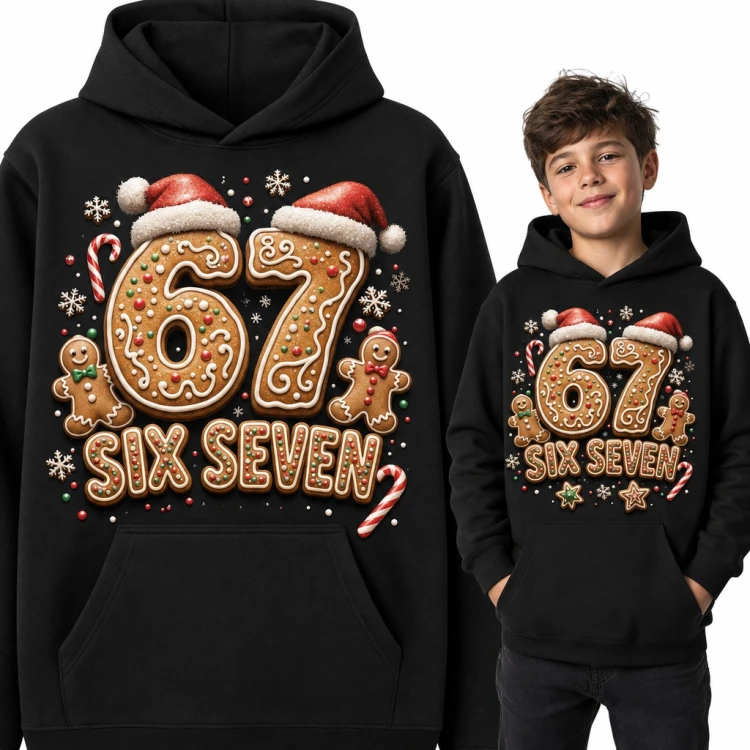 Bluza chłopięca z kapturem - „67 Six Seven” z piernikami w czapkach Mikołaja
