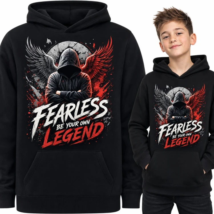 Bluza chłopięca z kapturem - „Fearless be your own legend” z postacią i skrzydłami