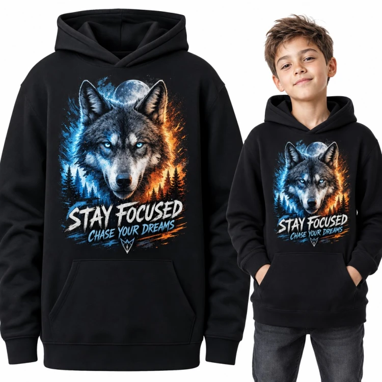 Bluza chłopięca z kapturem - wilk pod księżycem i napis „Stay focused chase your dreams”